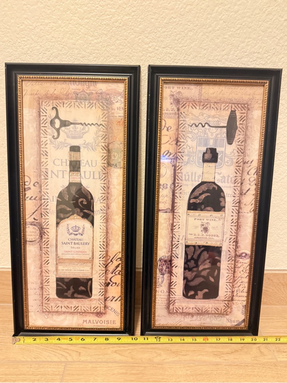 Wine Bottle Wall Art Pair - Black Frames with Vintage Labels